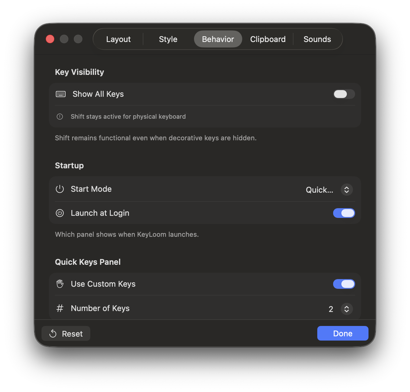 KeyLoom settings behavior tab