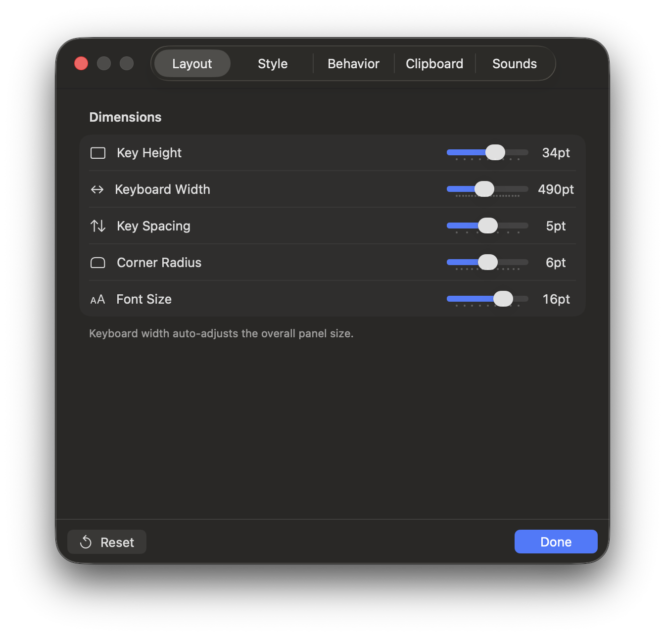 KeyLoom settings layout tab