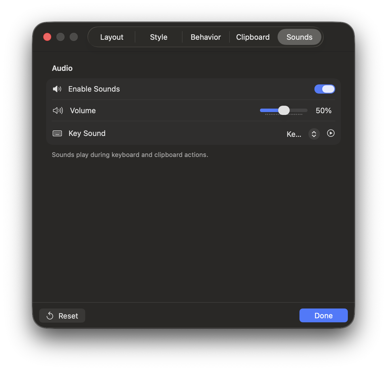 KeyLoom settings sounds tab