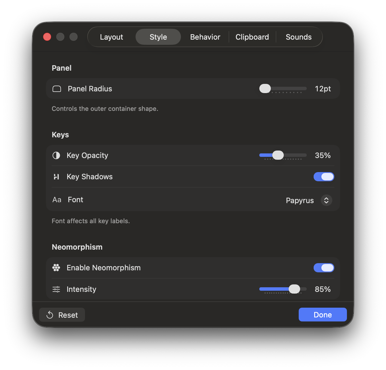 KeyLoom settings style tab